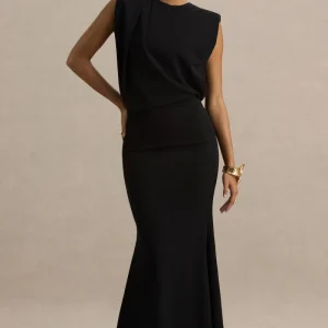 Meave | Vestido largo negro con escote barco y detalle drapeado