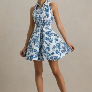 Paulie | Vestido corto tipo Skater de Popelina con Estampado de Porcelana Azul
