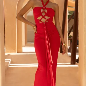 Erin | Vestido largo Rojo con Escote Halter ajustable y Detalles cut out
