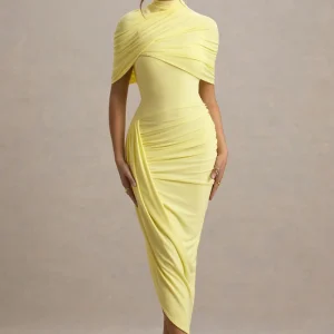 Enchant | Vestido Midi Amarillo Limon con detalle de capa y drapeado