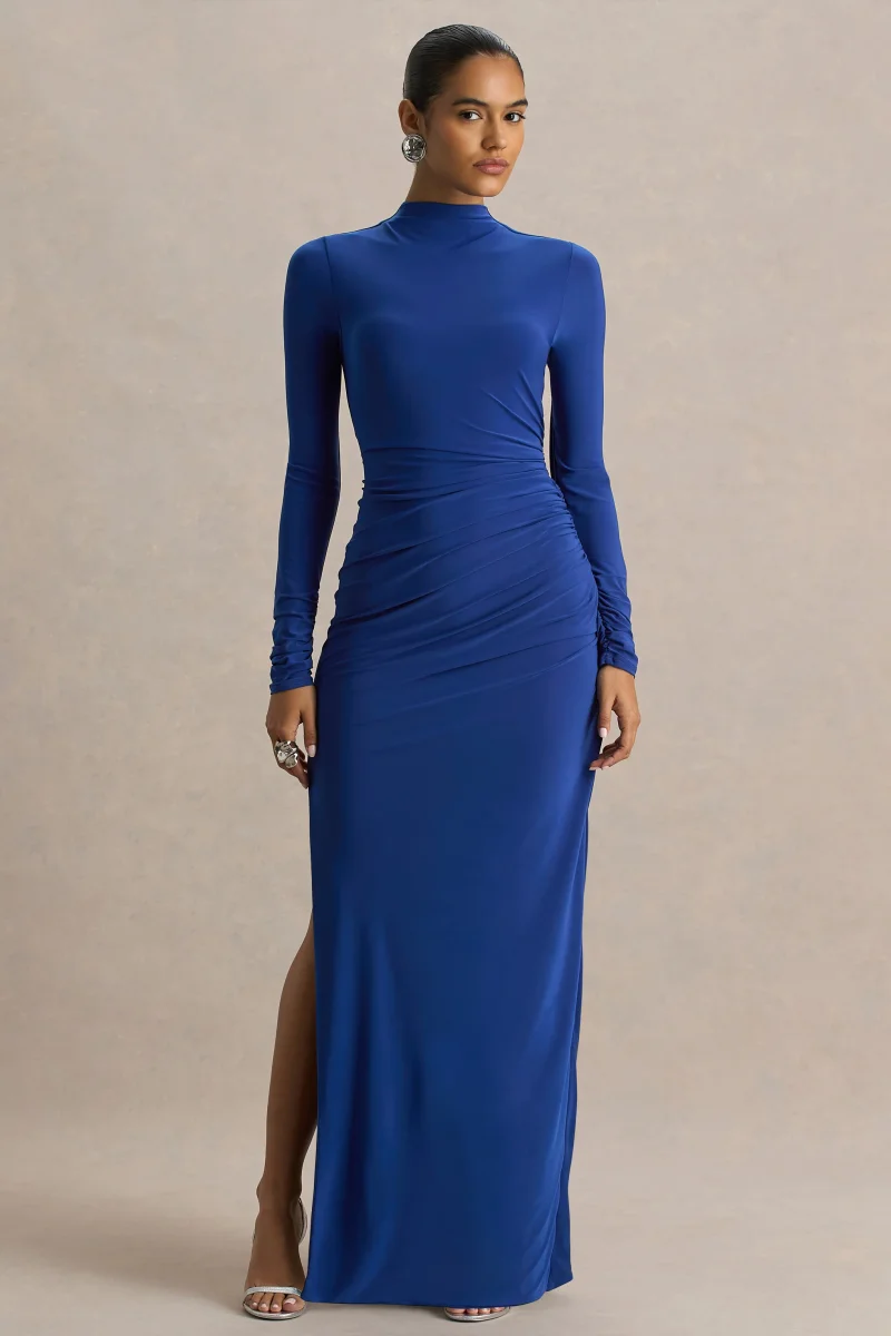 Alluring | Vestido largo en Azul cobalto de Cuello Alto con Detalles Fruncidos - Imagen 4