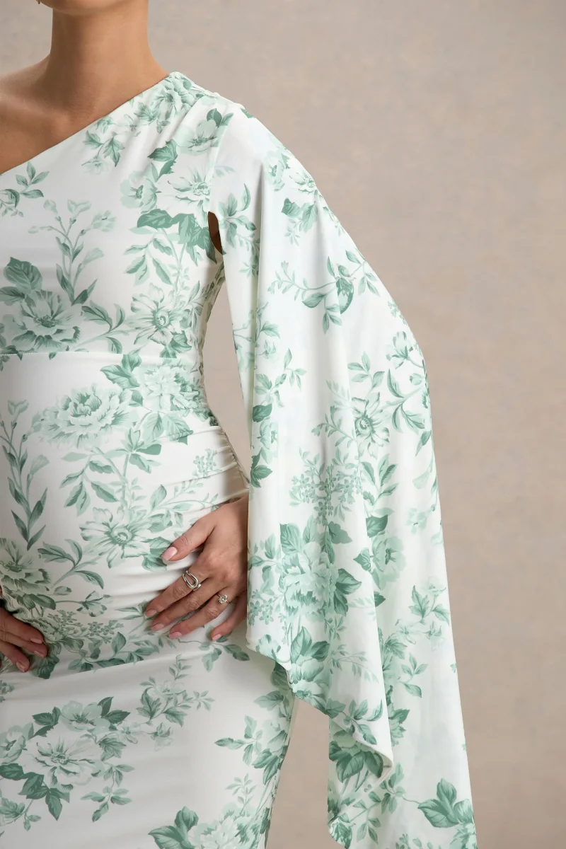 Aliana | Vestido largo premamá con una manga larga y estampado floral verdoso - Imagen 4