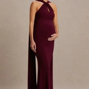 Lyra | Vestido Largo burdeos con cuello halter cruzado y capa