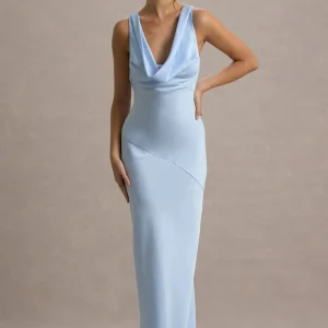 Alesso | Vestido Lencero largo satinado azul cielo con escote drapeado