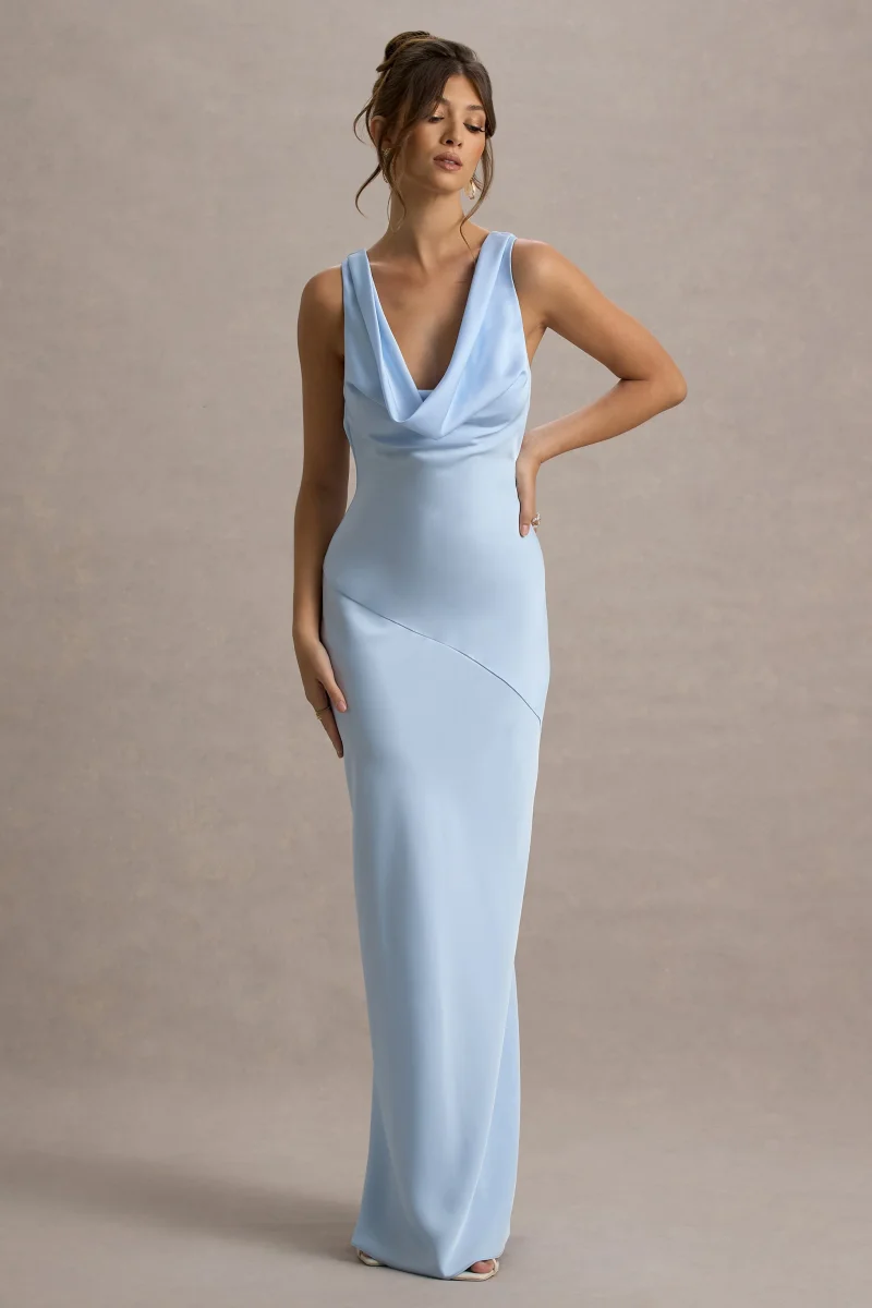 Alesso | Vestido Lencero largo satinado azul cielo con escote drapeado - Imagen 2