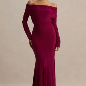 Cilla | Vestido Largo Burdeos Con Escote Bardot y Fruncido