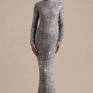 Galaxy | Vestido Largo Plateado de Lentejuelas con Cuello Cisne y Mangas Largas