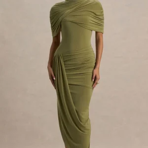 Enchant | Vestido Midi Verde Oliva Con Cuello Alto Y Mangas Capa Asimétricas
