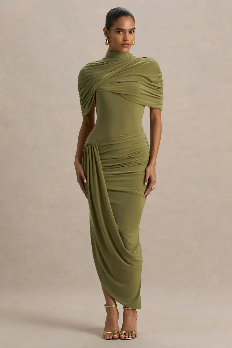 Enchant | Vestido Midi Verde Oliva Con Cuello Alto Y Mangas Capa Asimétricas