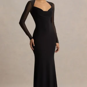 Bethan | Vestido Largo Negro Con Escote Drapeado, Mangas De Malla y Espalda Abierta