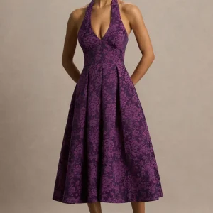 Isabeau | Vestido Midi Morado de Satén con Escote Pronunciado