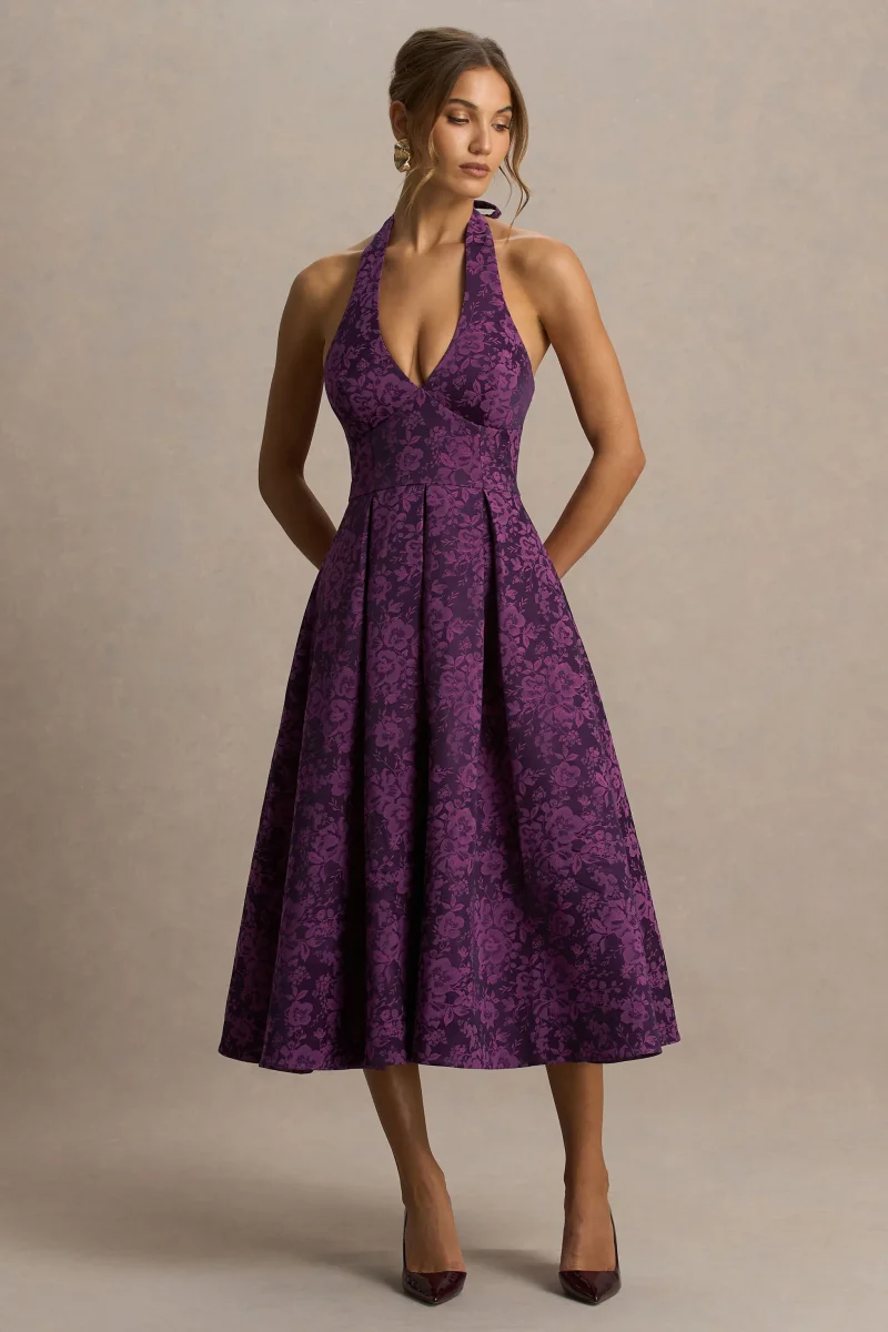 Isabeau | Vestido Midi Morado de Satén con Escote Pronunciado
