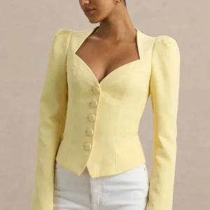 Olympia | Top de manga larga amarillo con escote corazón y detalle de botones forrados