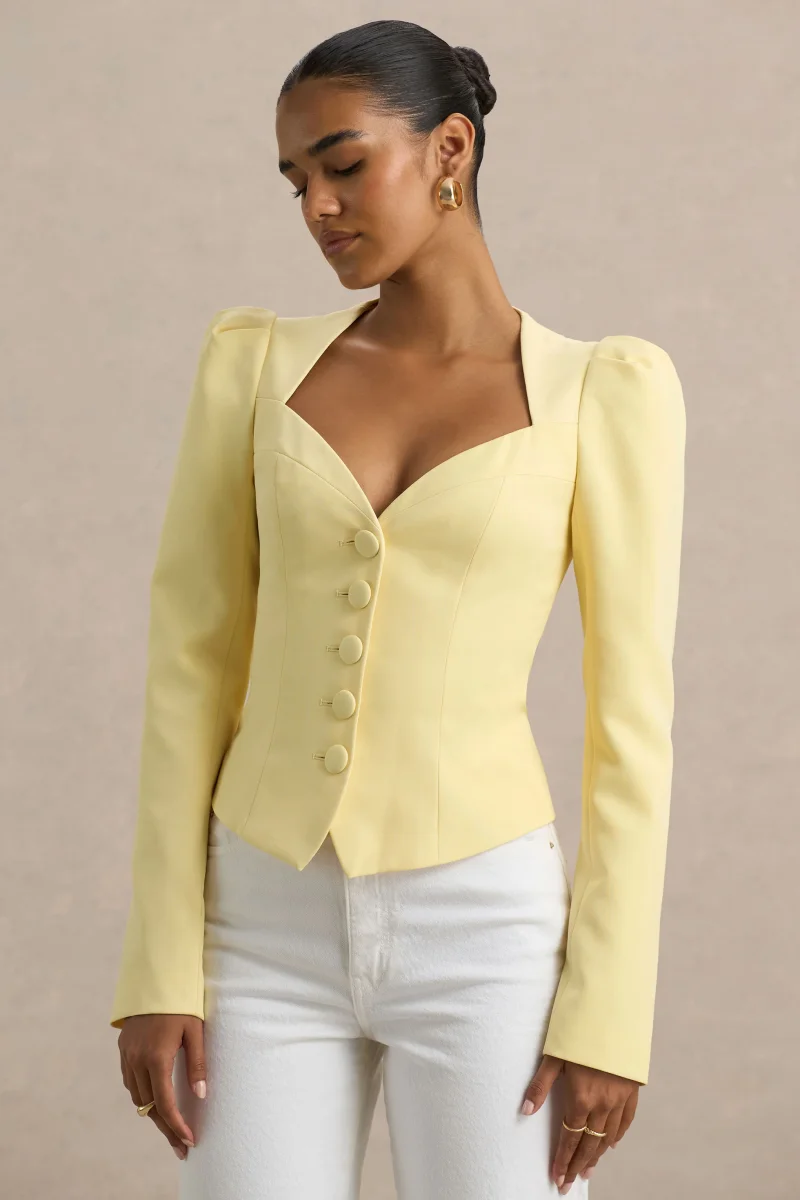 Olympia | Top de manga larga amarillo con escote corazón y detalle de botones forrados - Imagen 2