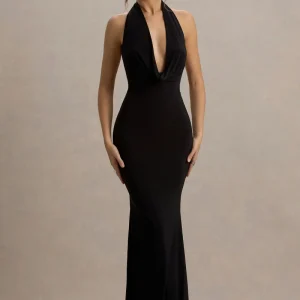 Milani | Vestido largo negro con escote drapeado y corte sirena espalda descubierta