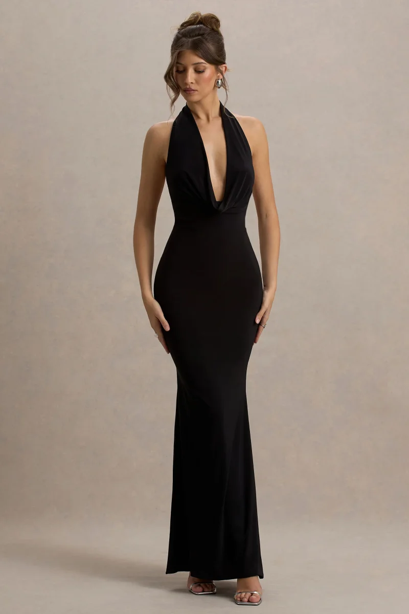 Milani | Vestido largo negro con escote drapeado y corte sirena espalda descubierta