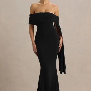 Saffina | Vestido Largo Negro con Escote Bardot y Detalle de Fajín