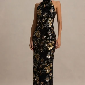 Tate | Vestido Largo de Terciopelo Negro con Escote Halter y Lentejuelas Florales en Bronce