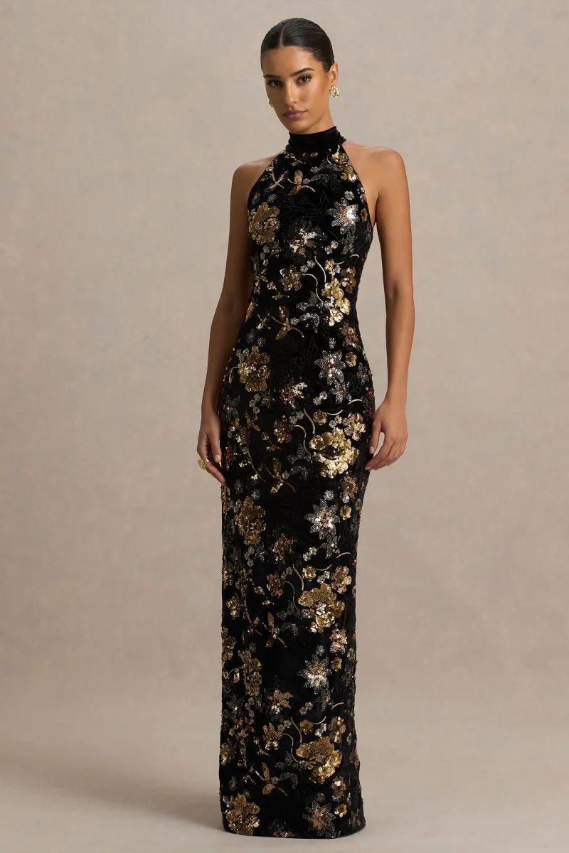 Tate | Vestido Largo de Terciopelo Negro con Escote Halter y Lentejuelas Florales en Bronce - Imagen 2