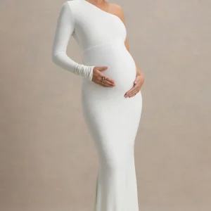 Heloise | Vestido largo de premamá en Blanco Asimétrico de Una Manga