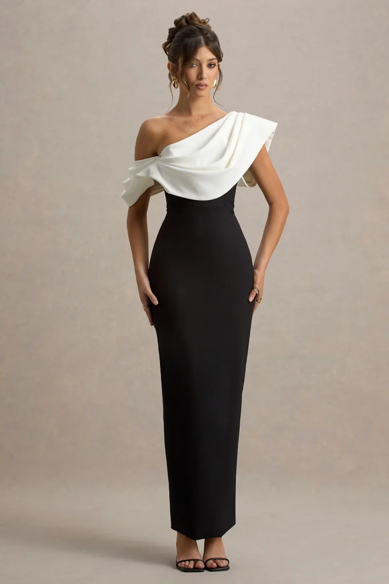 Angelina | Vestido largo negro y escote asimétrico con detalle drapeado en blanco - Imagen 5