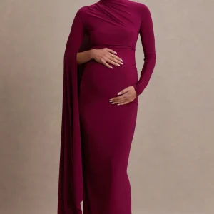 Lavina | Vestido premamá largo color berry con cuello alto y manga tipo capa