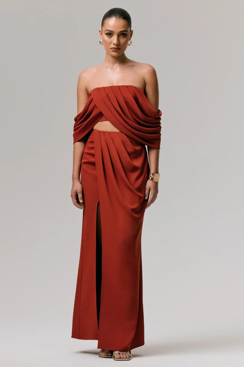 Talika | Top Corto Bardot Terracota con Mangas Drapeadas - Imagen 4