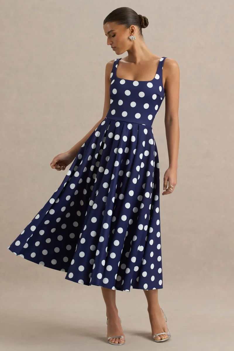 Berta | Vestido midi azul marino con lunares balanco y falda con volumen - Imagen 3