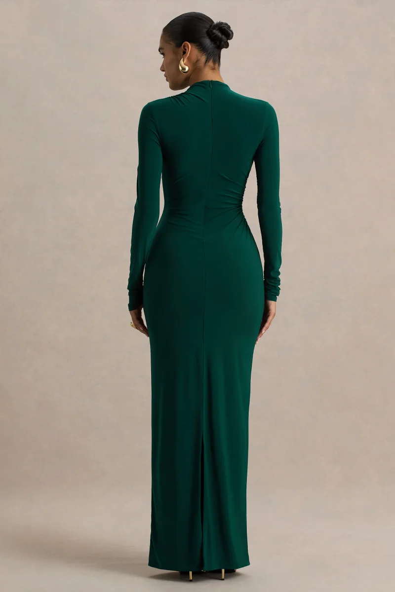 Eden | Vestido Largo Verde Botella con Escote Alto y Detalles Fruncidos - Imagen 3