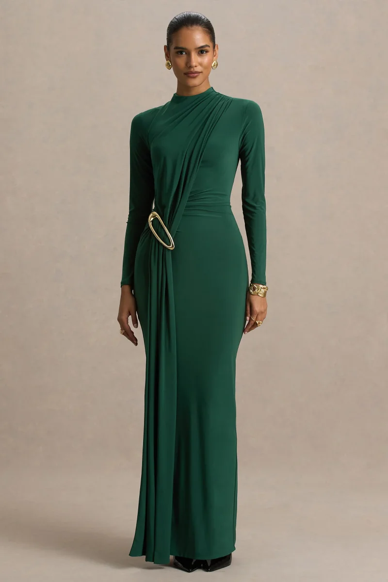 Zadie | Vestido Largo verde azulado de cuello alto con detalle fruncido - Imagen 5