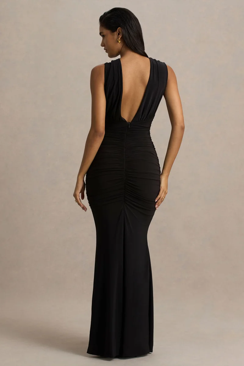 Kendall | Vestido largo negro con abertura en el escote - Imagen 3