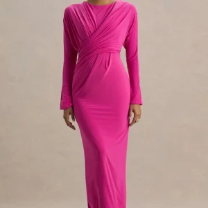 Regina | Vestido Largo Rosa Fucsia Regina con Escote Cortado y Drapeado
