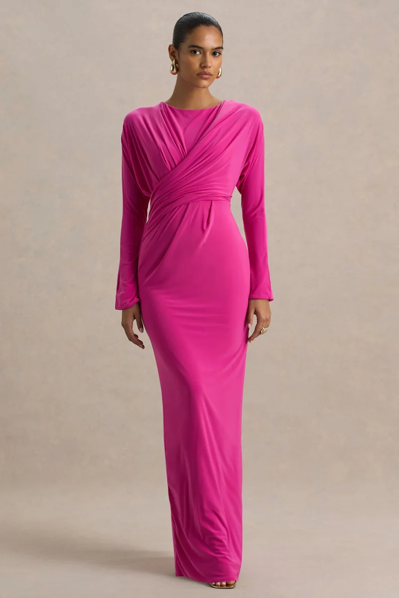 Regina | Vestido Largo Rosa Fucsia Regina con Escote Cortado y Drapeado - Imagen 2