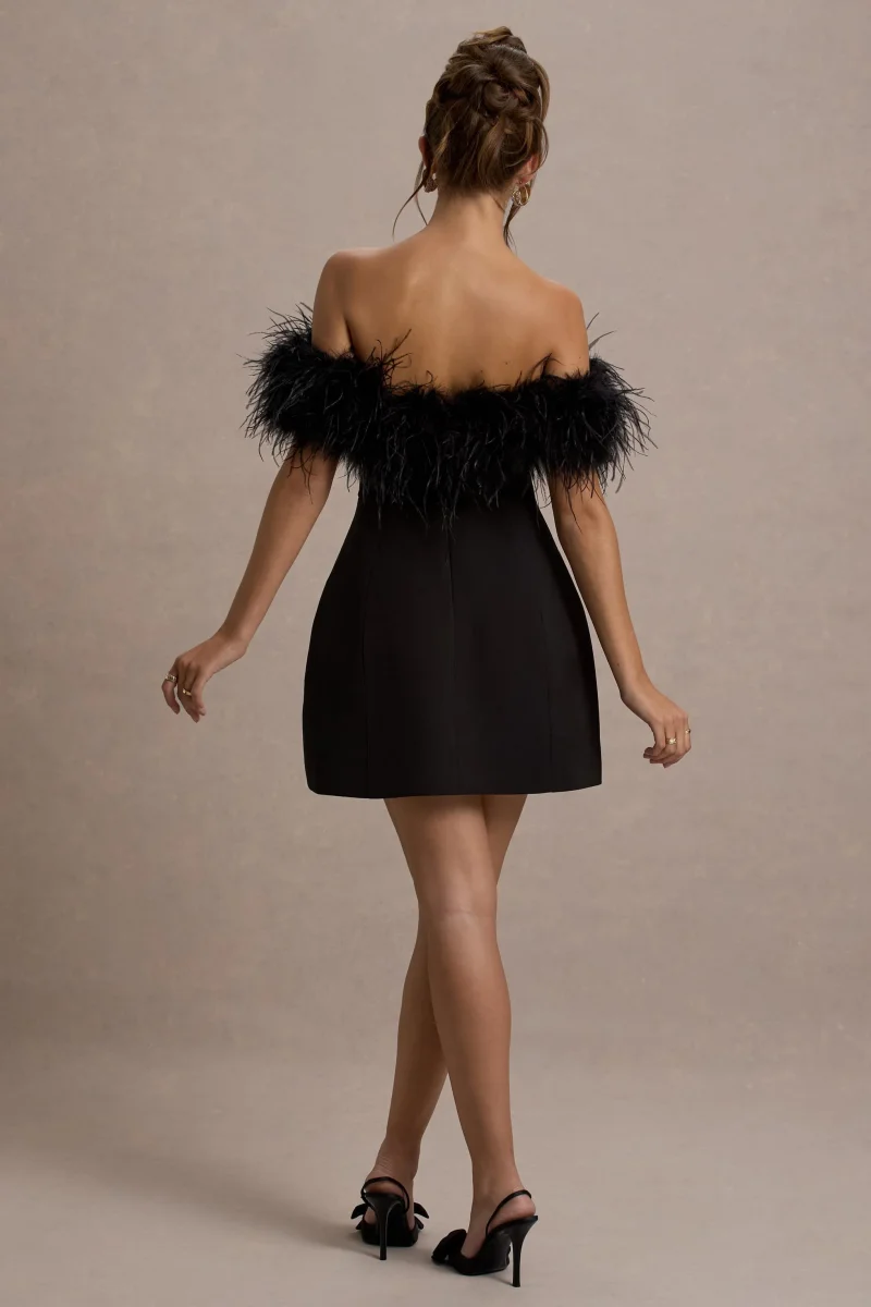 Palace | Vestido negro corto con escote bardot y ribete de plumas - Imagen 3