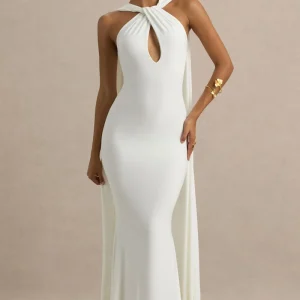 Rhoda | Vestido Largo Blanco con Cuello Halter Torcido y Capa