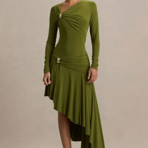 Alexia | Vestido Largo Verde De Escote Asimétrico Con Apliques y Detalle Fruncido