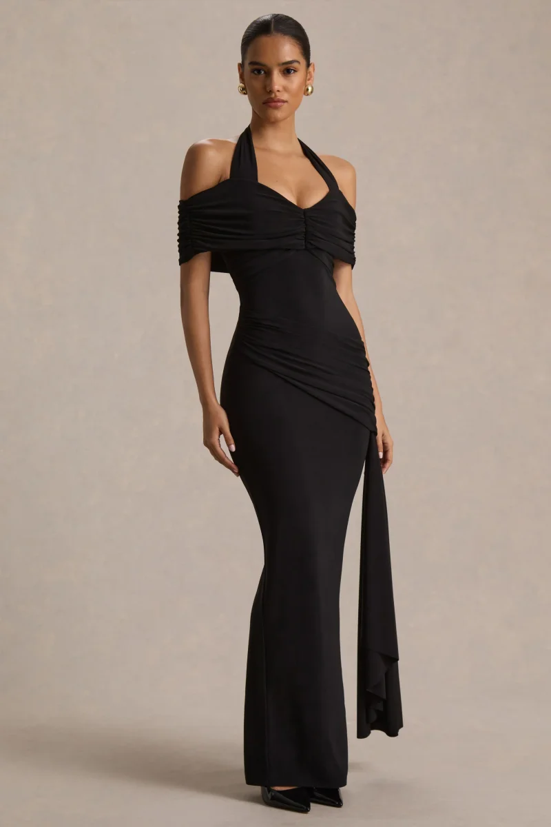 Camille | Vestido largo negro con escote bardot - Imagen 3