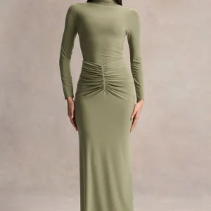 Persis | Vestido Largo Verde Oliva de Cuello Alto con Detalles Fruncidos