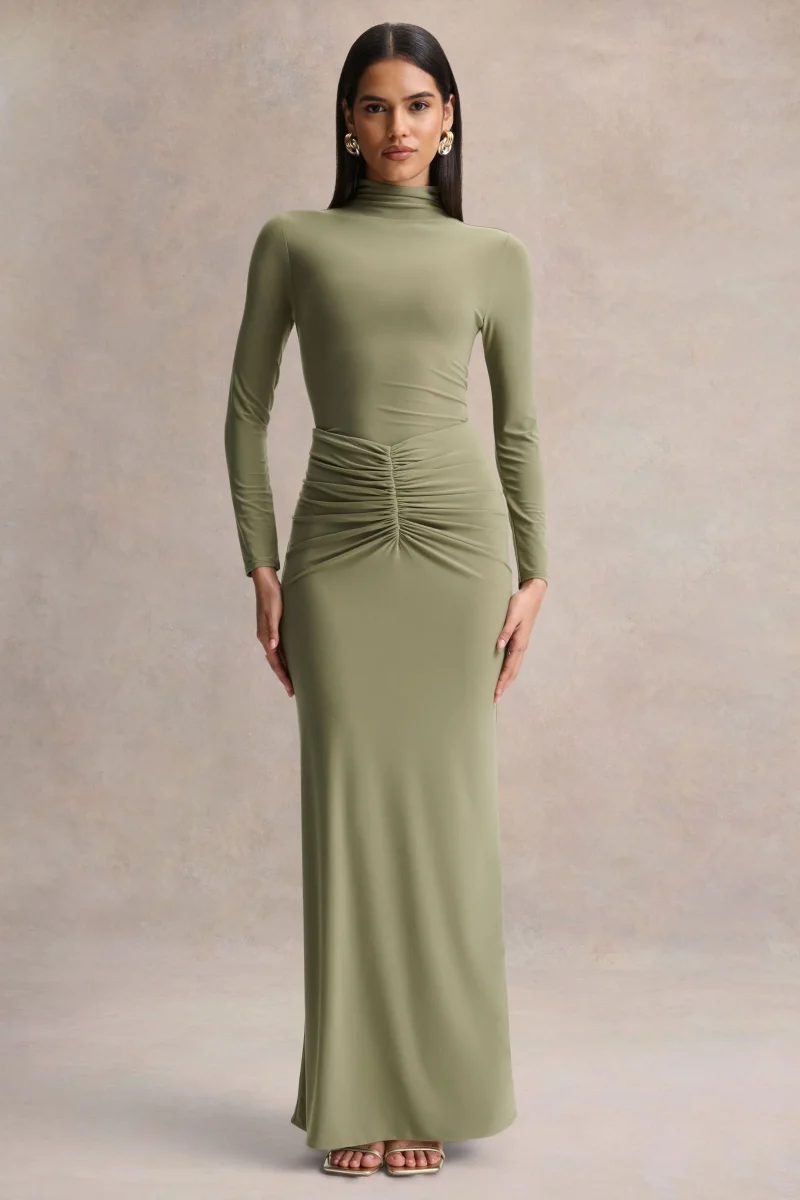Persis | Vestido Largo Verde Oliva de Cuello Alto con Detalles Fruncidos