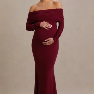Odessa | Vestido Largo Premamá Color Baya con Escote Bardot