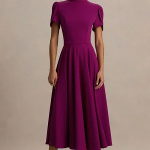 Vicky | Vestido Midi Color Morera Con Escote Alto Y Mangas Abullonadas