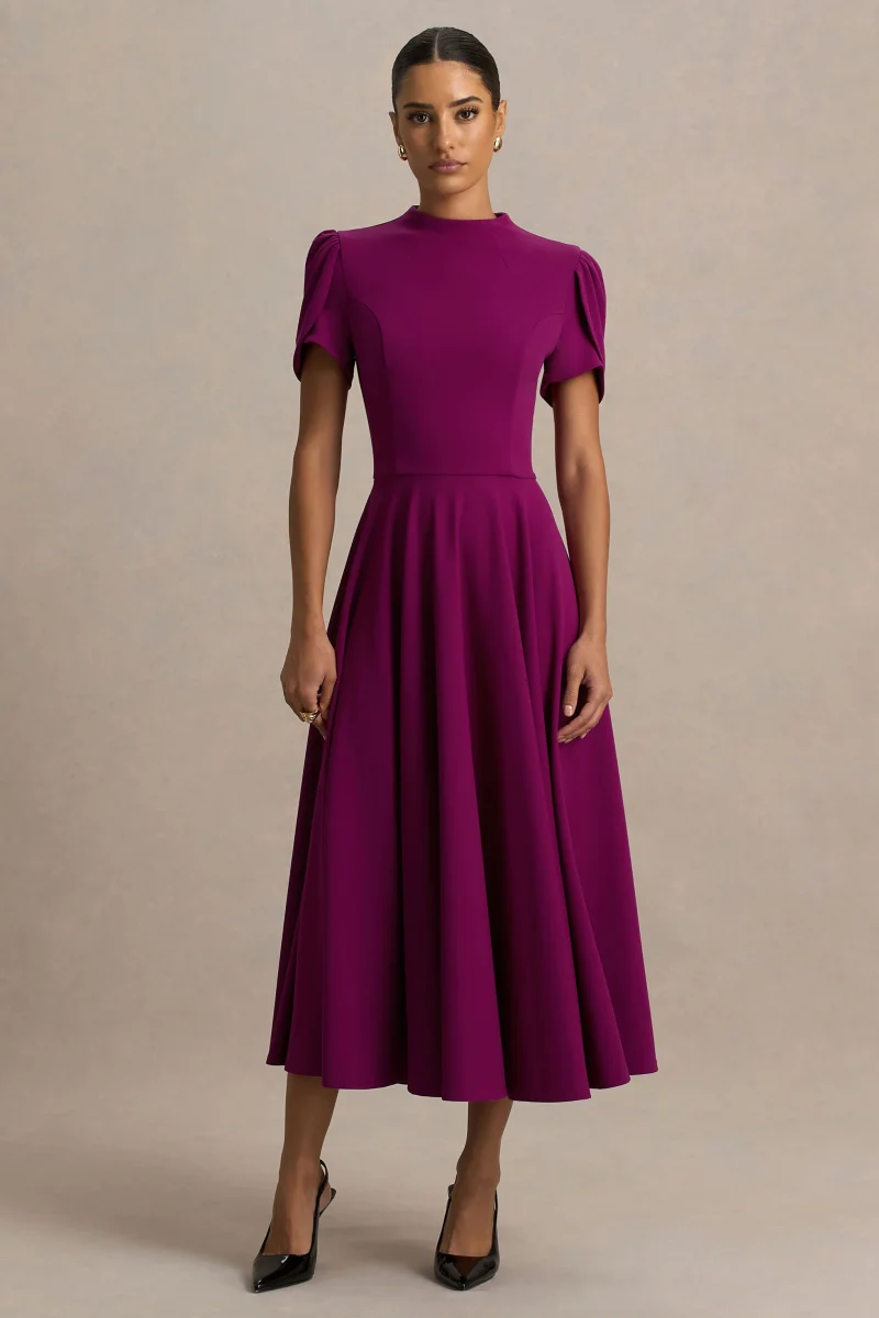 Vicky | Vestido Midi Color Morera Con Escote Alto Y Mangas Abullonadas - Imagen 2