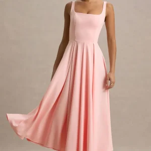 Parina | Vestido midi rosa claro con escote cuadrado y falda voluminosa