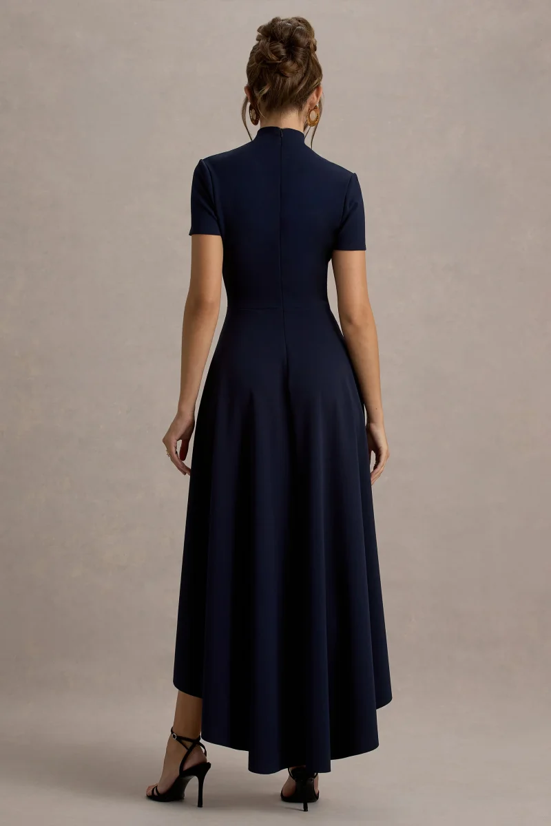 Bellona | Vestido midi azul marino con mangas cortas y falda asimétrica - Imagen 3