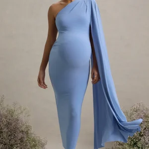 Amaryllis | Vestido Largo Celeste de premamá Asimétrico con Manga Capa