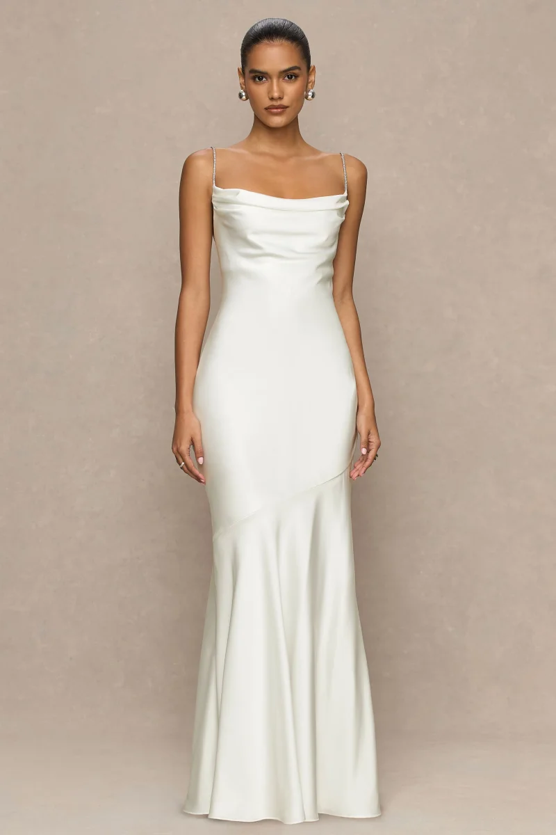 Maelia | Vestido largo de satén color crema con escote drapeado y tirantes adornado - Imagen 4