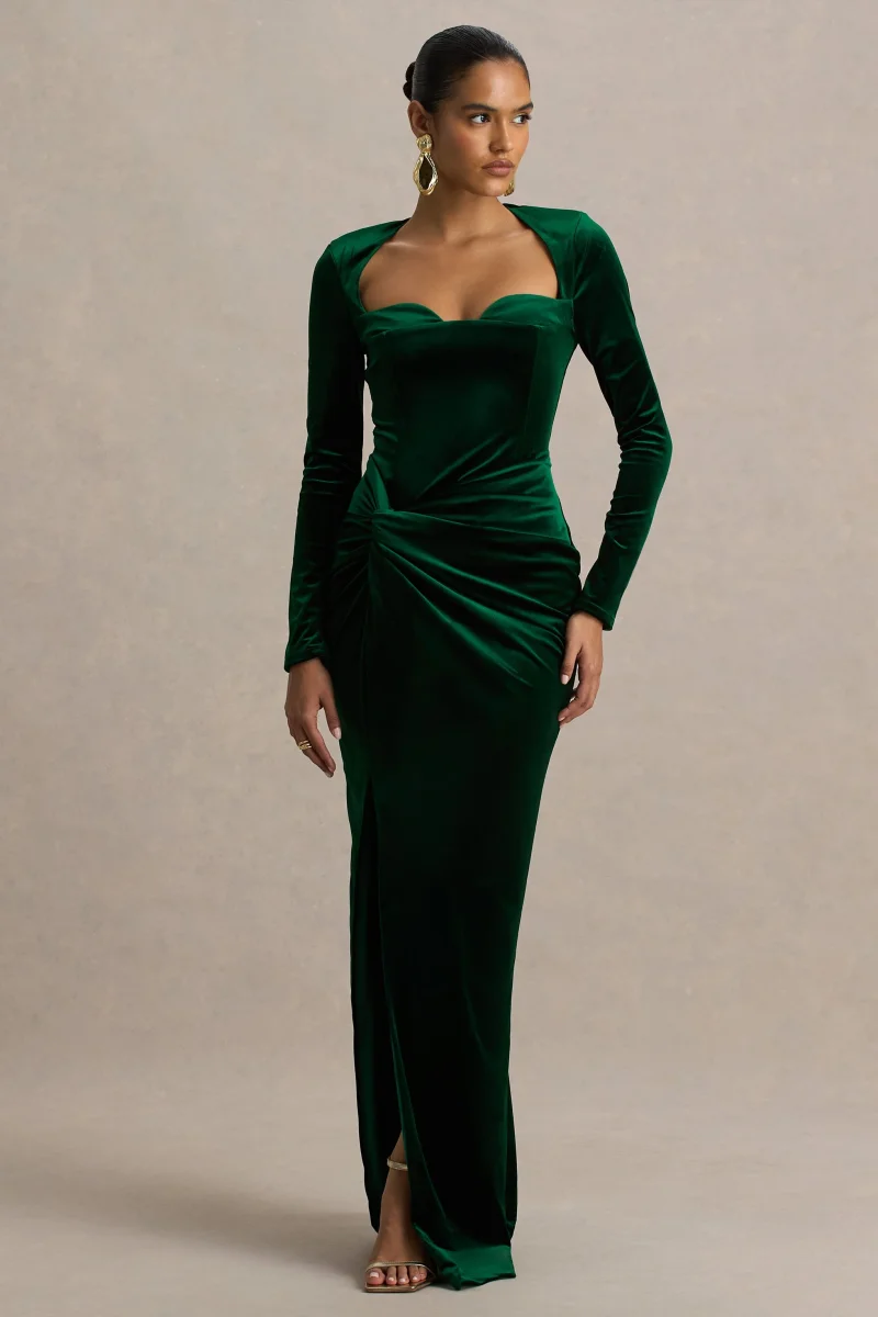 Fay | Vestido largo de Terciopelo Verde Botella con Nudo y Estilo Corsé - Imagen 5