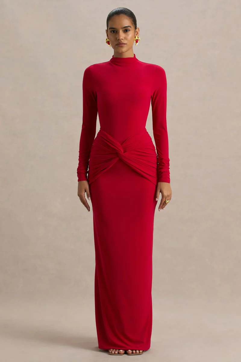 Alula | Vestido Rojo Largo con Cuello Alto y Detalle de Giro en el centro - Imagen 6