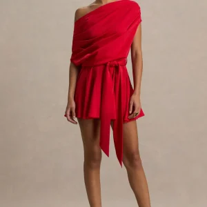 Clydie | Vestido corto con Escote asimétrico y drapeado en rojo
