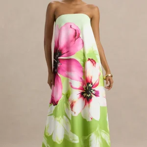 Ellery | Vestido largo estilo bandeau con estampado floral en color lima.